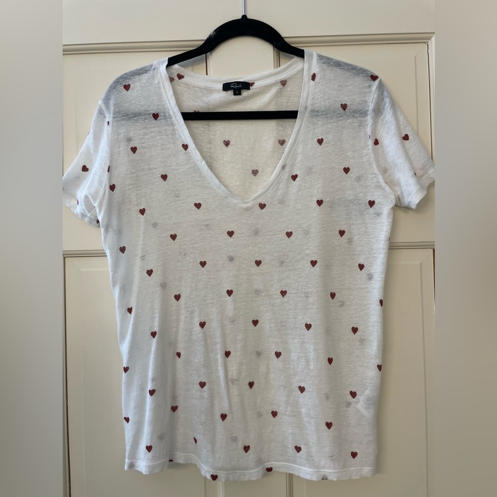 Rails Cara White Red Hearts Semi Sheer V-Neck Short Sleeve T-Shirt Small